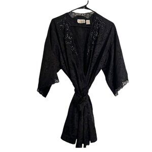 Vntg Victoria's Secret Gold Label Black Brocade Robe Lace Beads Sequins Belted